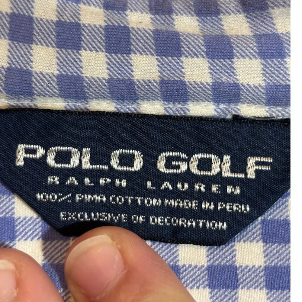 Ralph Lauren Polo Golf Vintage Men's Size M Blue White Gingham Shirt Pima Cotton